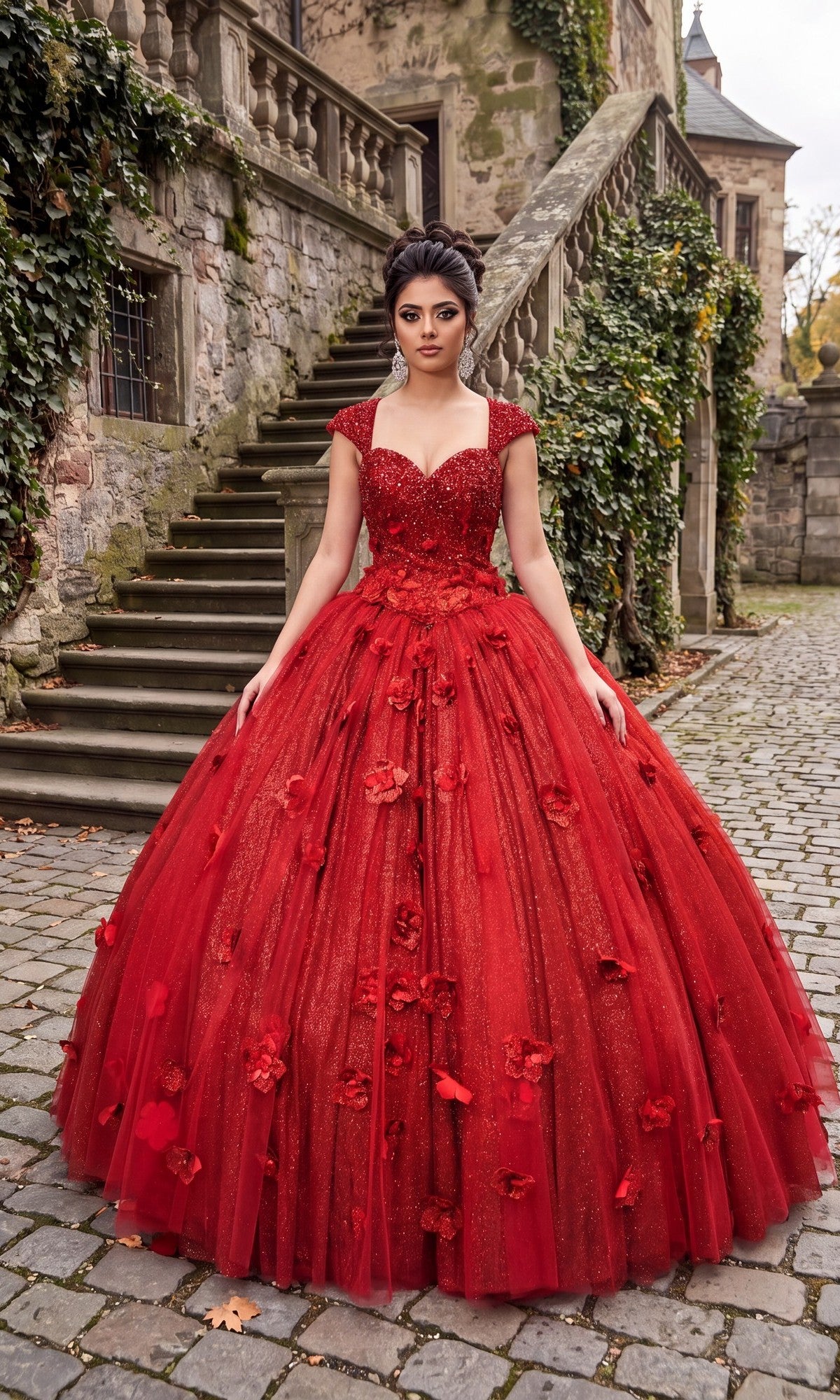 A woman in the red Quinceanera Dress CHF3068 By Chicas stands on a cobblestone path in front of old stone steps and ivy-covered walls.